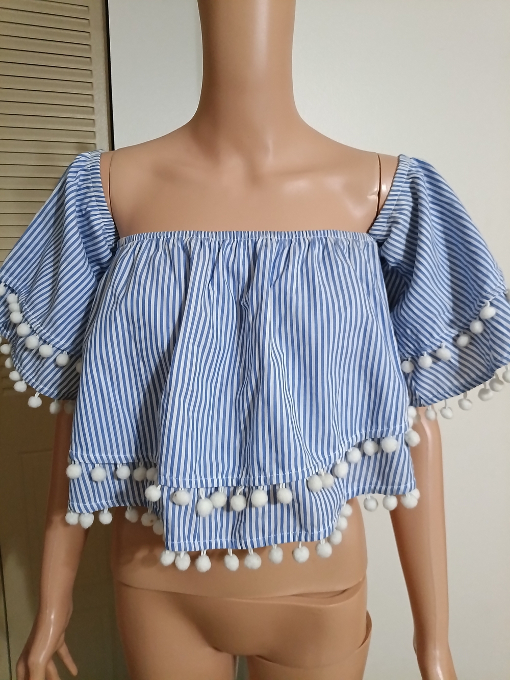 Forever 21 Blue and White Striped Off-Shoulder Pom Pom Crop Top
